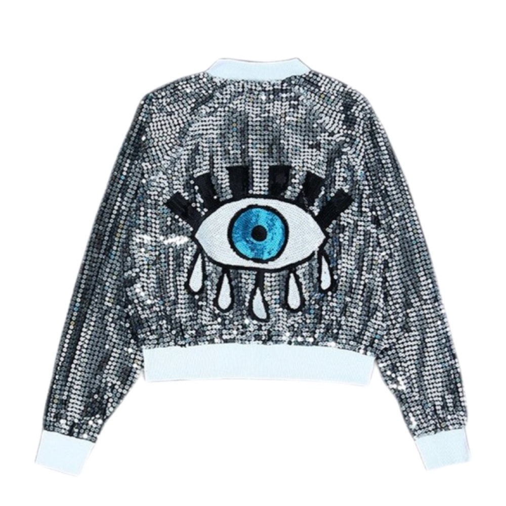 Silver Sequin Eye Bomber Jacket